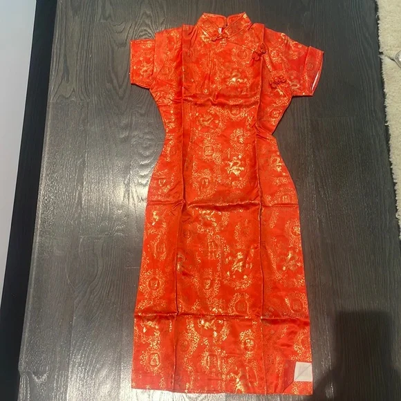 Dragon Print Vivid Red Orange/Gold Vintage Brocade Chinese Dress Nwot | Color: Gold/Red | Size: 0 | Fabriccrush's Closet